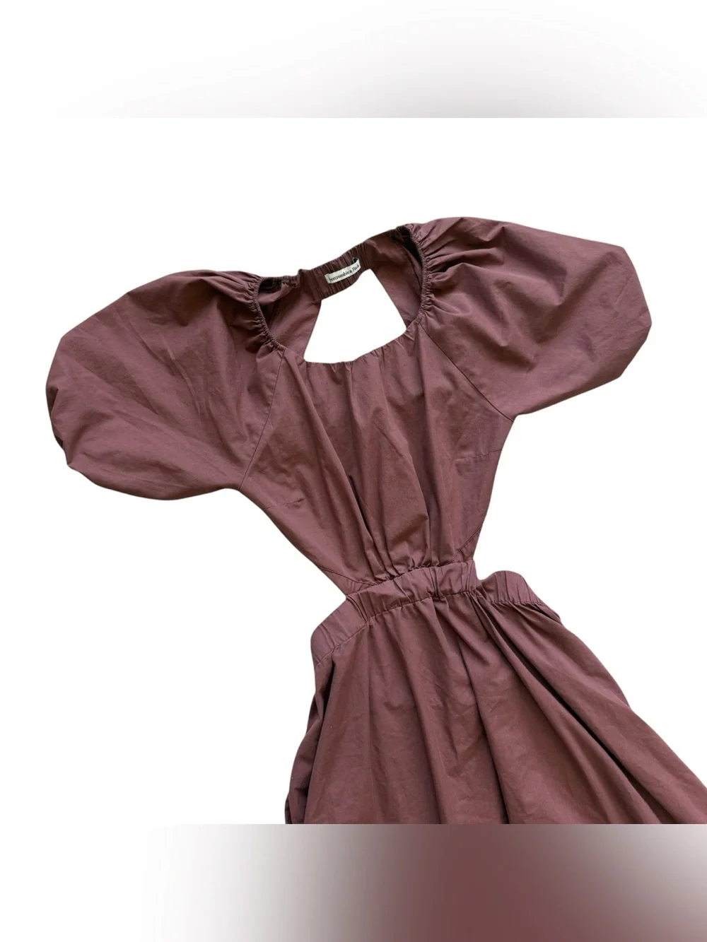Abercrombie Ruched Puff Sleeve Cutout Midi Dress S Petite Brown Poplin Romantic